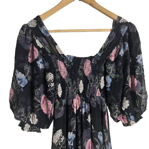Nicholas Black Floral Silk Square Neck Smocked Maxi Dress Size 0 - Picture 13 of 15